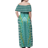 Teal Palaka Hawaii Iwa Bird Family Matching Off Shoulder Maxi Dress and Hawaiian Shirt Hawaiian Kakau Jade Vine Lei - Polynesian Pride