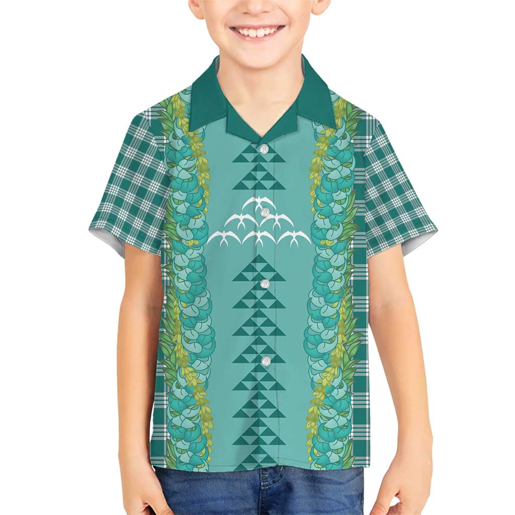 Teal Palaka Hawaii Iwa Bird Family Matching Off Shoulder Short Dress and Hawaiian Shirt Hawaiian Kakau Jade Vine Lei - Polynesian Pride