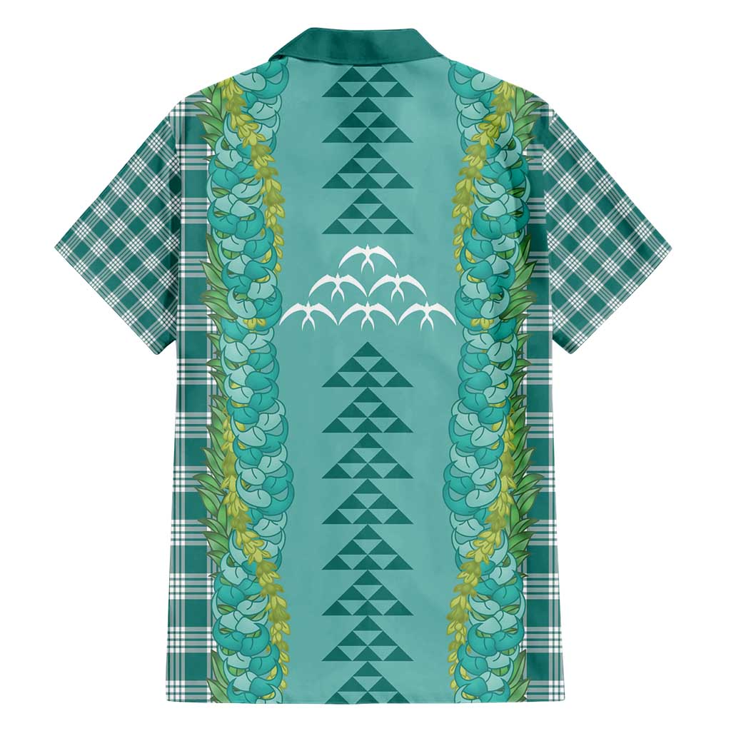 Teal Palaka Hawaii Iwa Bird Family Matching Short Sleeve Bodycon Dress and Hawaiian Shirt Hawaiian Kakau Jade Vine Lei - Polynesian Pride