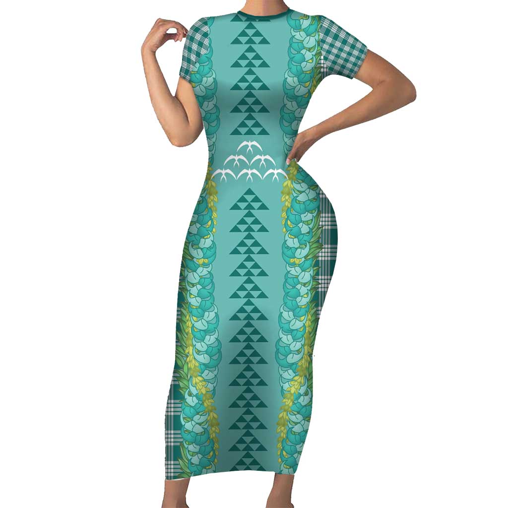 Teal Palaka Hawaii Iwa Bird Family Matching Short Sleeve Bodycon Dress and Hawaiian Shirt Hawaiian Kakau Jade Vine Lei - Polynesian Pride