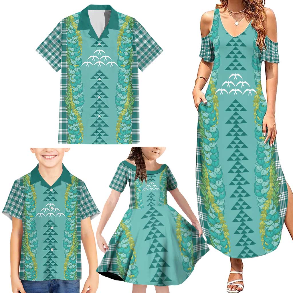 Teal Palaka Hawaii Iwa Bird Family Matching Summer Maxi Dress and Hawaiian Shirt Hawaiian Kakau Jade Vine Lei - Polynesian Pride