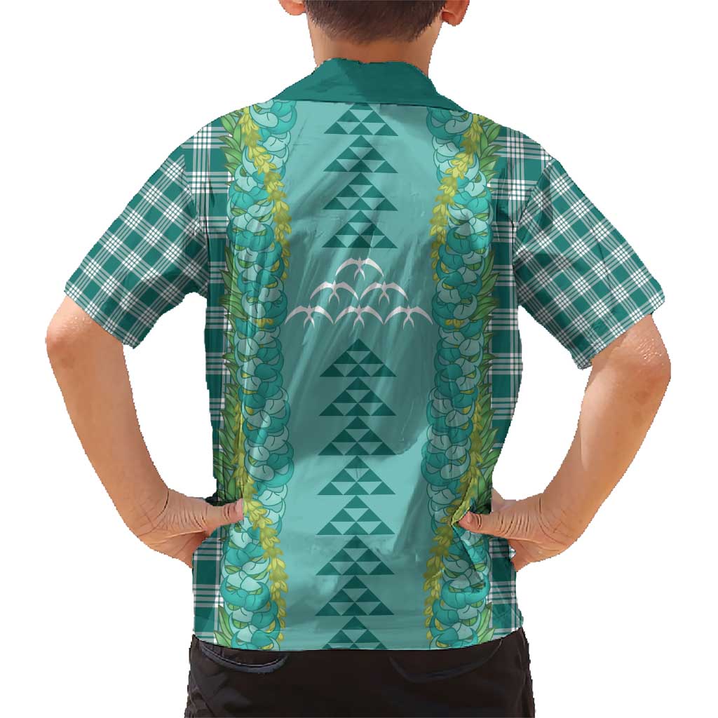 Teal Palaka Hawaii Iwa Bird Kid Hawaiian Shirt Hawaiian Kakau Jade Vine Lei - Polynesian Pride