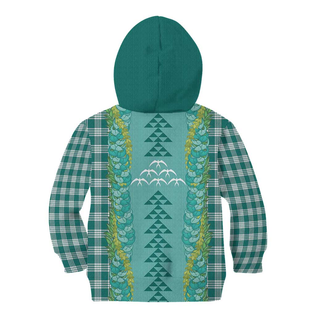 Teal Palaka Hawaii Iwa Bird Kid Hoodie Hawaiian Kakau Jade Vine Lei - Polynesian Pride