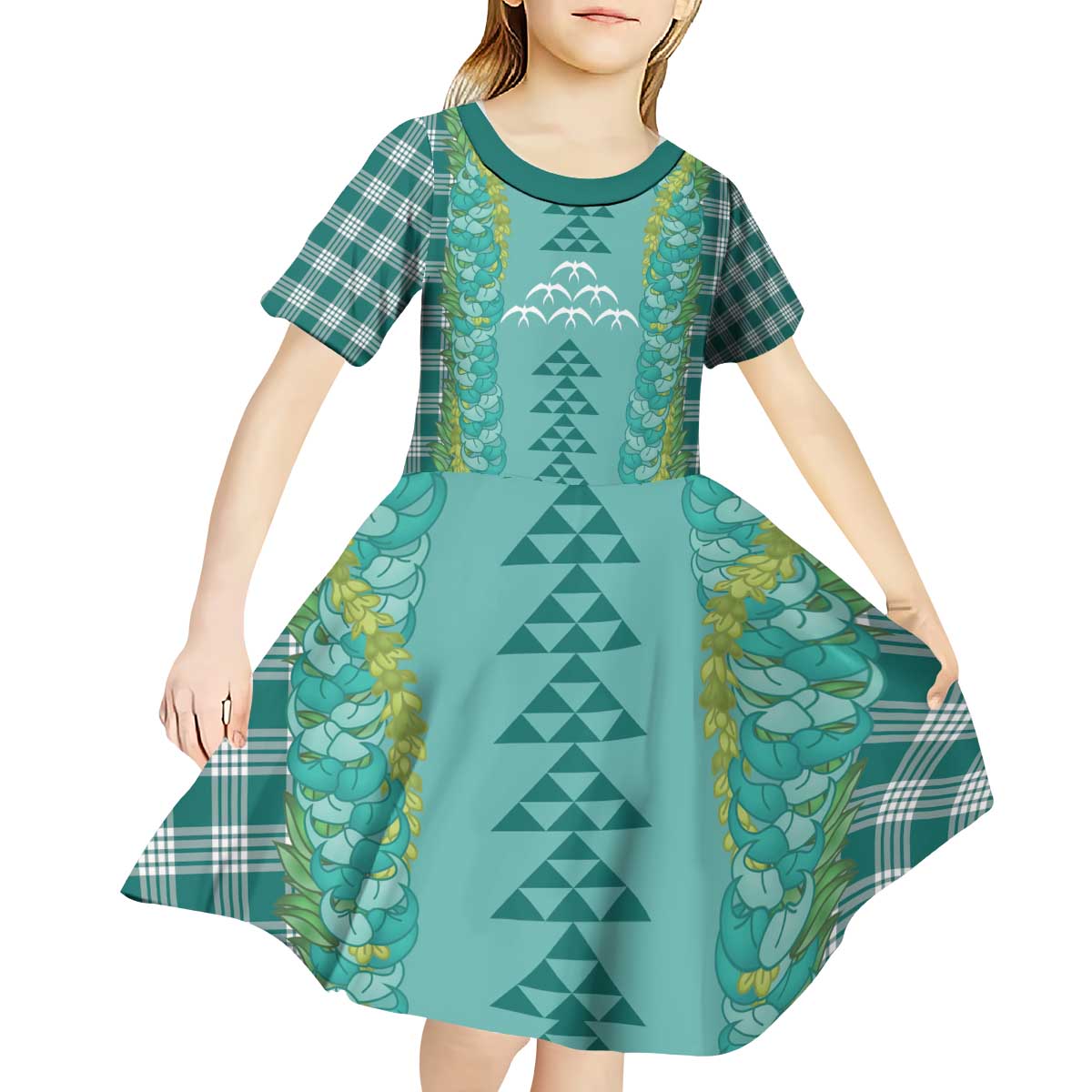 Teal Palaka Hawaii Iwa Bird Kid Short Sleeve Dress Hawaiian Kakau Jade Vine Lei - Polynesian Pride