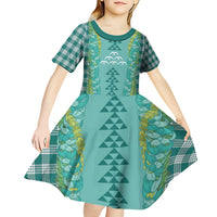 Teal Palaka Hawaii Iwa Bird Kid Short Sleeve Dress Hawaiian Kakau Jade Vine Lei - Polynesian Pride