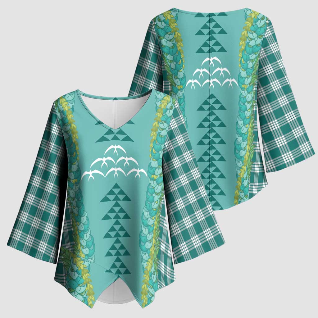 Teal Palaka Hawaii Iwa Bird Kimono Sleeve Blouse Hawaiian Kakau Jade Vine Lei - Polynesian Pride