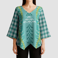 Teal Palaka Hawaii Iwa Bird Kimono Sleeve Blouse Hawaiian Kakau Jade Vine Lei - Polynesian Pride