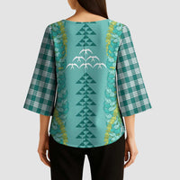 Teal Palaka Hawaii Iwa Bird Kimono Sleeve Blouse Hawaiian Kakau Jade Vine Lei - Polynesian Pride