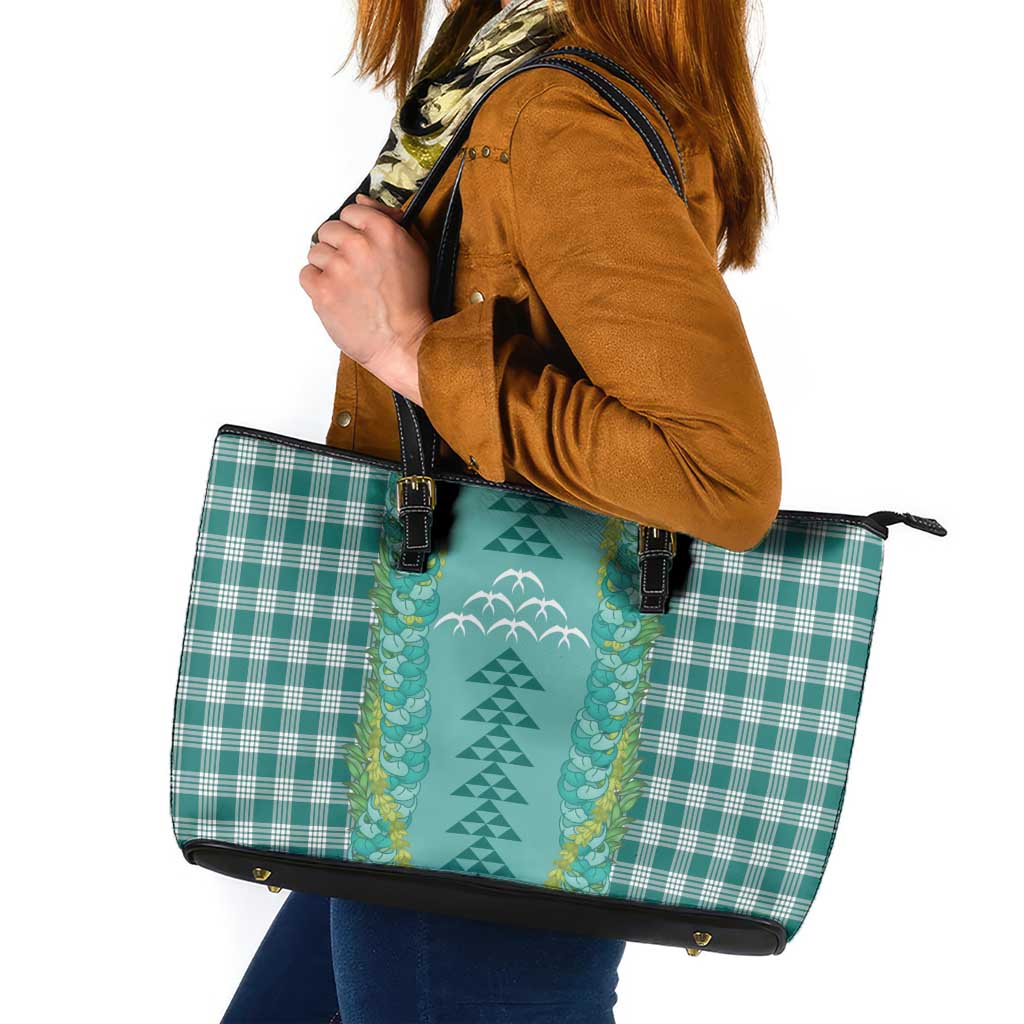 Teal Palaka Hawaii Iwa Bird Leather Tote Bag Hawaiian Kakau Jade Vine Lei - Polynesian Pride