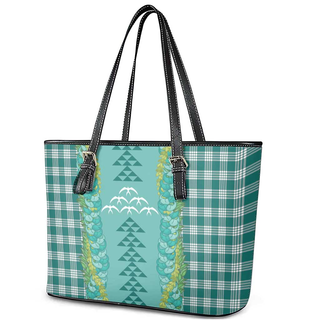 Teal Palaka Hawaii Iwa Bird Leather Tote Bag Hawaiian Kakau Jade Vine Lei - Polynesian Pride