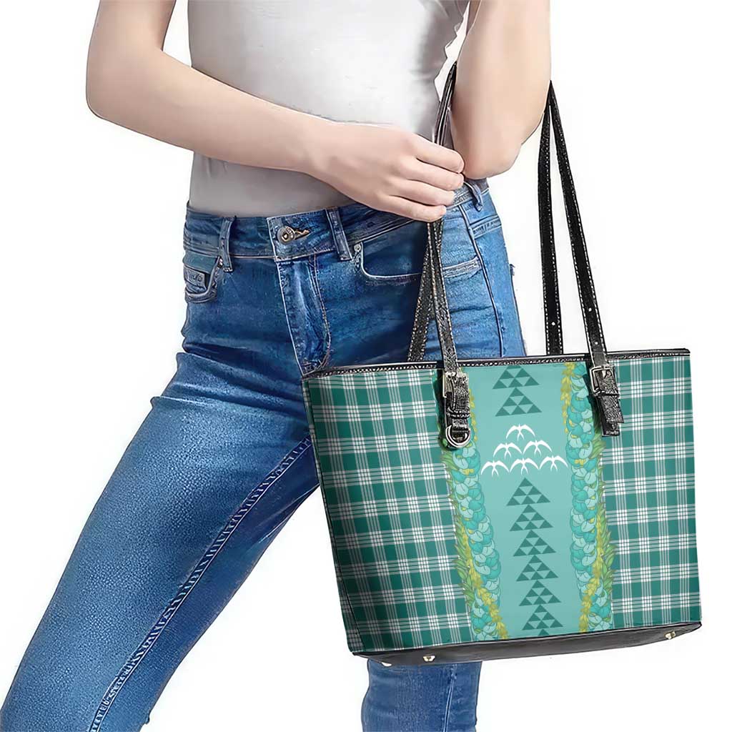 Teal Palaka Hawaii Iwa Bird Leather Tote Bag Hawaiian Kakau Jade Vine Lei - Polynesian Pride
