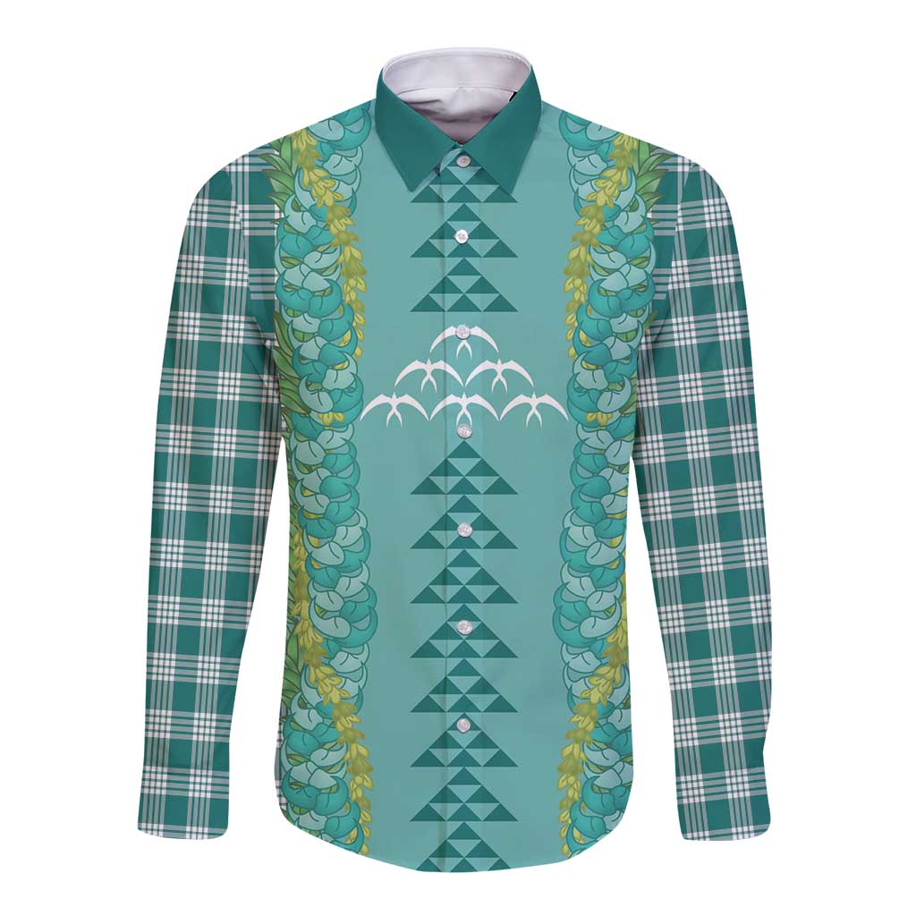 Teal Palaka Hawaii Iwa Bird Long Sleeve Button Shirt Hawaiian Kakau Jade Vine Lei - Polynesian Pride