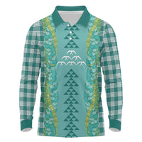 Teal Palaka Hawaii Iwa Bird Long Sleeve Polo Shirt Hawaiian Kakau Jade Vine Lei - Polynesian Pride