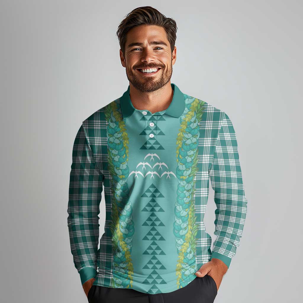 Teal Palaka Hawaii Iwa Bird Long Sleeve Polo Shirt Hawaiian Kakau Jade Vine Lei - Polynesian Pride