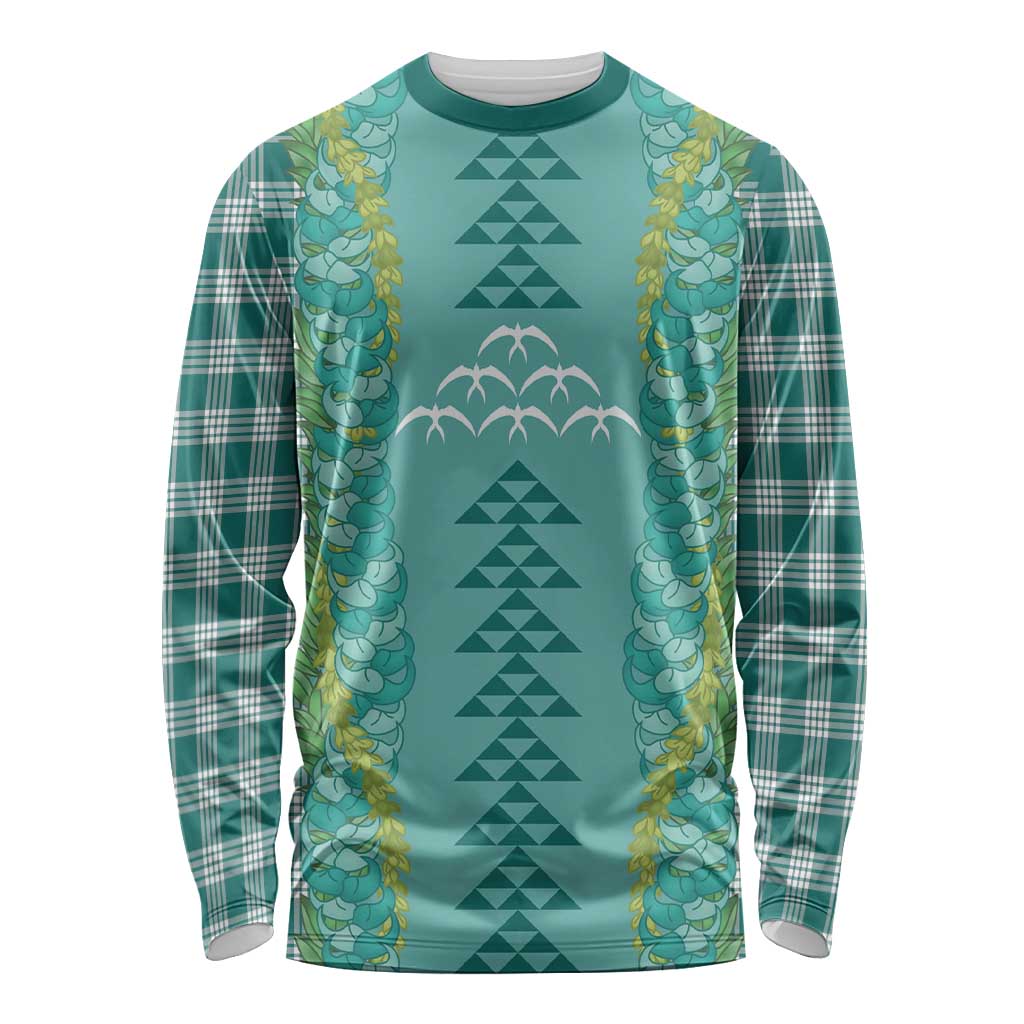 Teal Palaka Hawaii Iwa Bird Long Sleeve Shirt Hawaiian Kakau Jade Vine Lei - Polynesian Pride