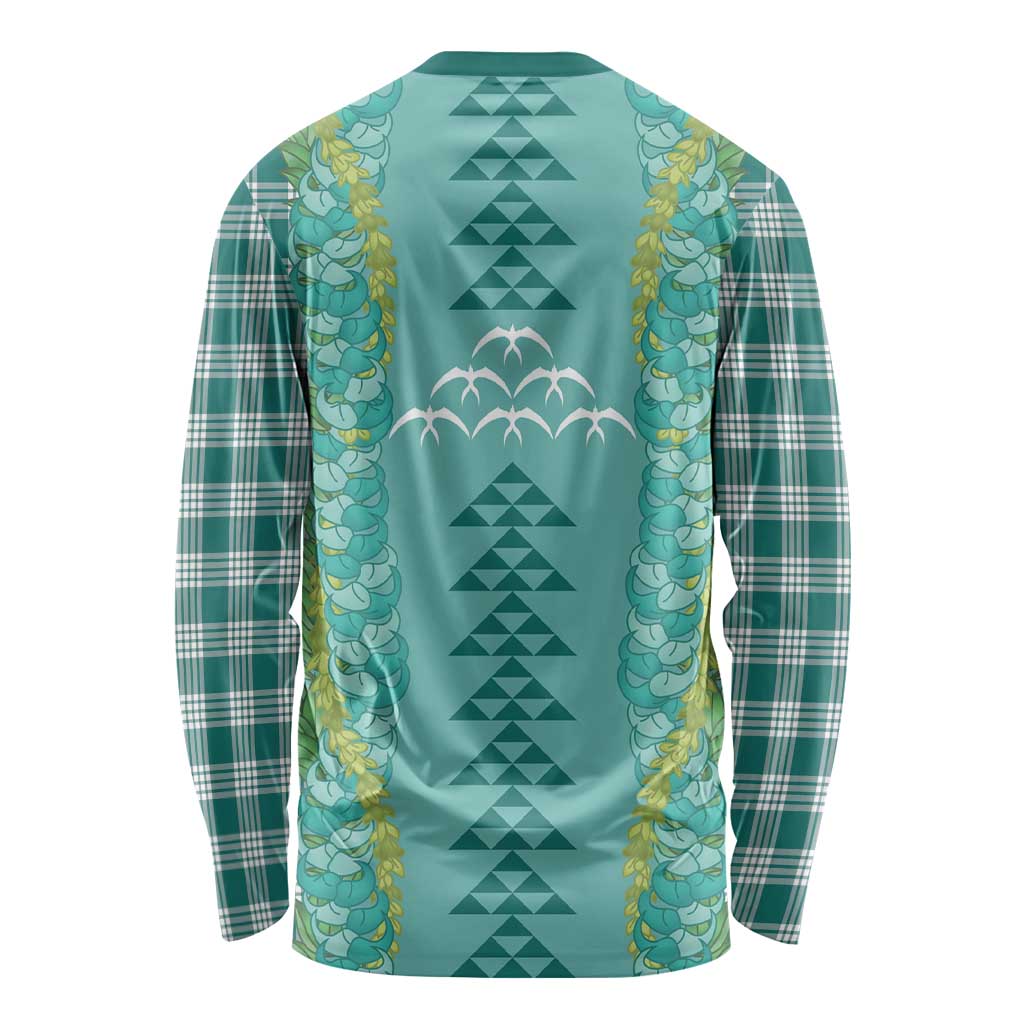 Teal Palaka Hawaii Iwa Bird Long Sleeve Shirt Hawaiian Kakau Jade Vine Lei - Polynesian Pride