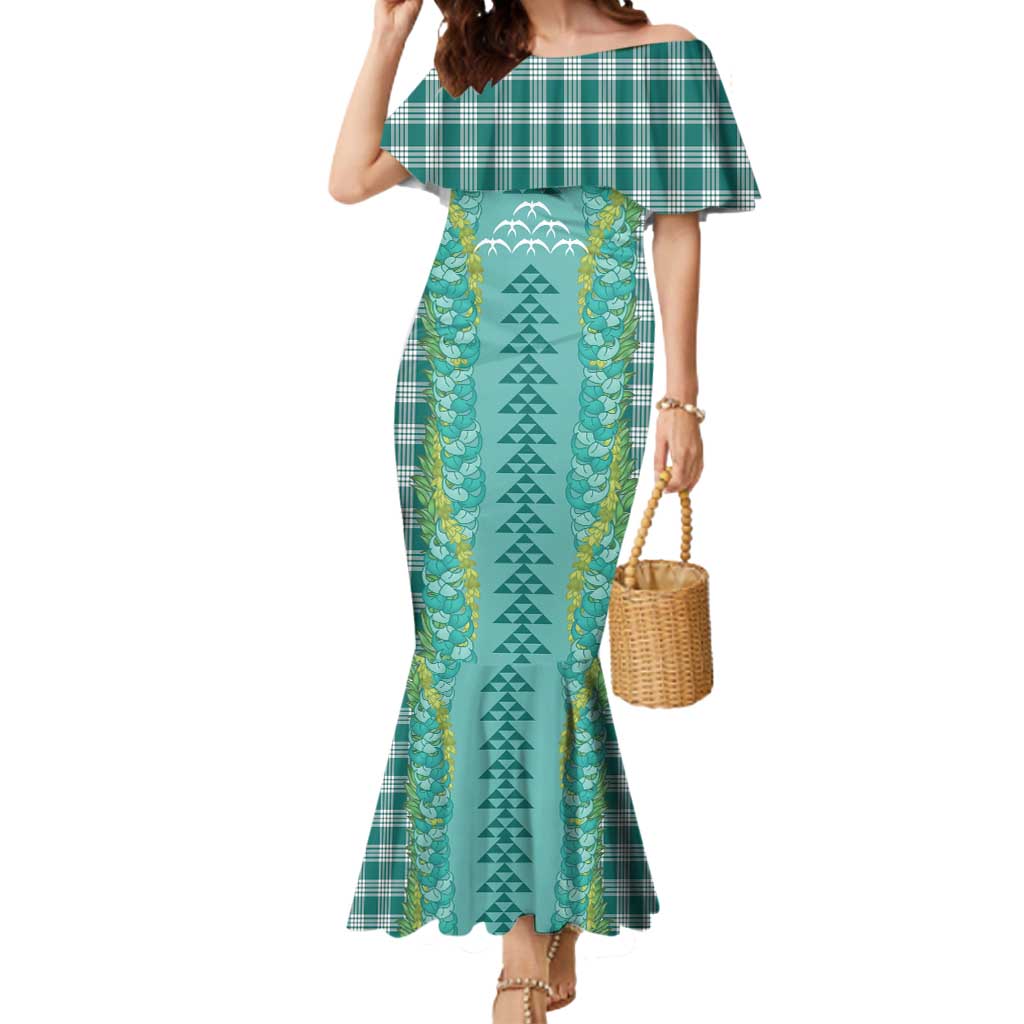 Teal Palaka Hawaii Iwa Bird Mermaid Dress Hawaiian Kakau Jade Vine Lei - Polynesian Pride