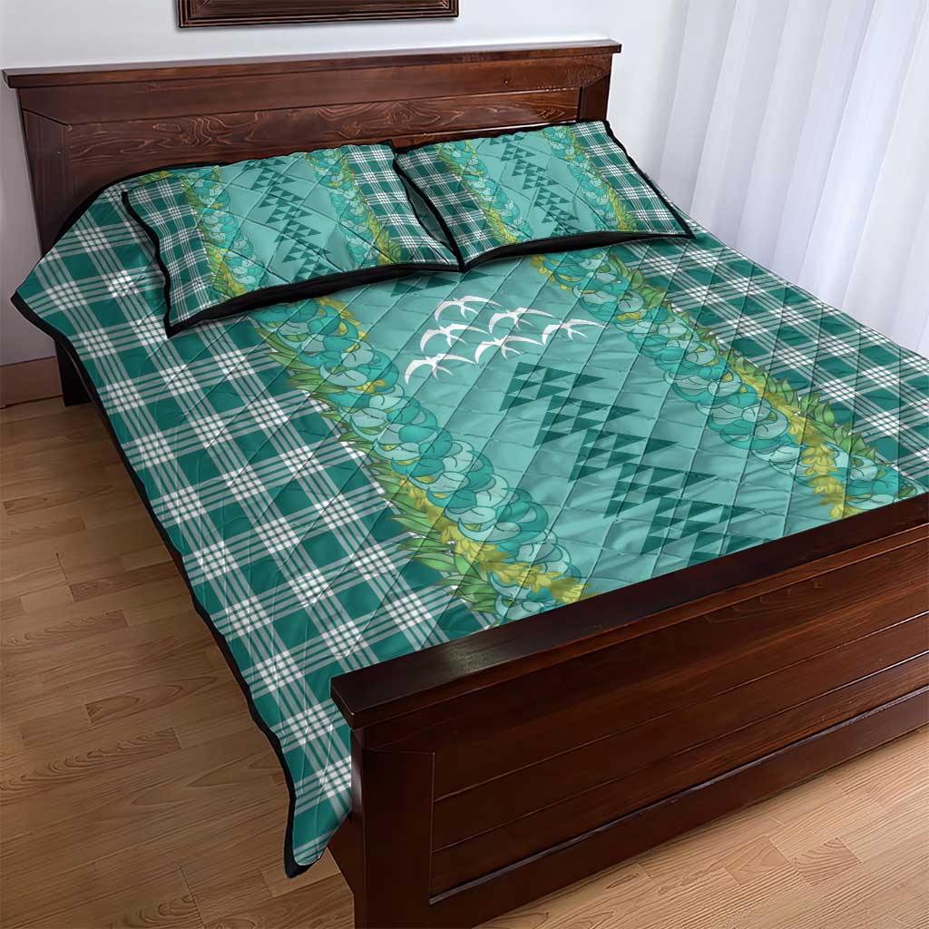 Teal Palaka Hawaii Iwa Bird Quilt Bed Set Hawaiian Kakau Jade Vine Lei - Polynesian Pride