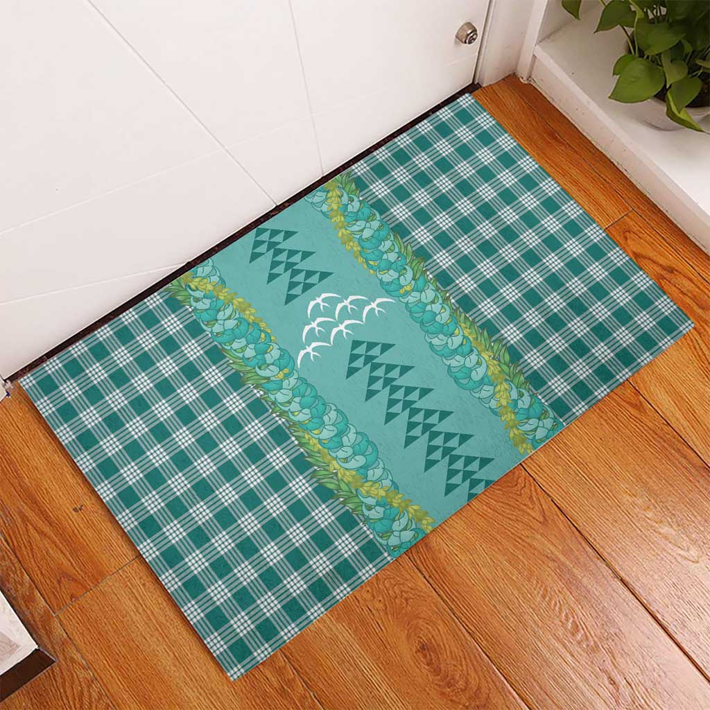Teal Palaka Hawaii Iwa Bird Rubber Doormat Hawaiian Kakau Jade Vine Lei - Polynesian Pride