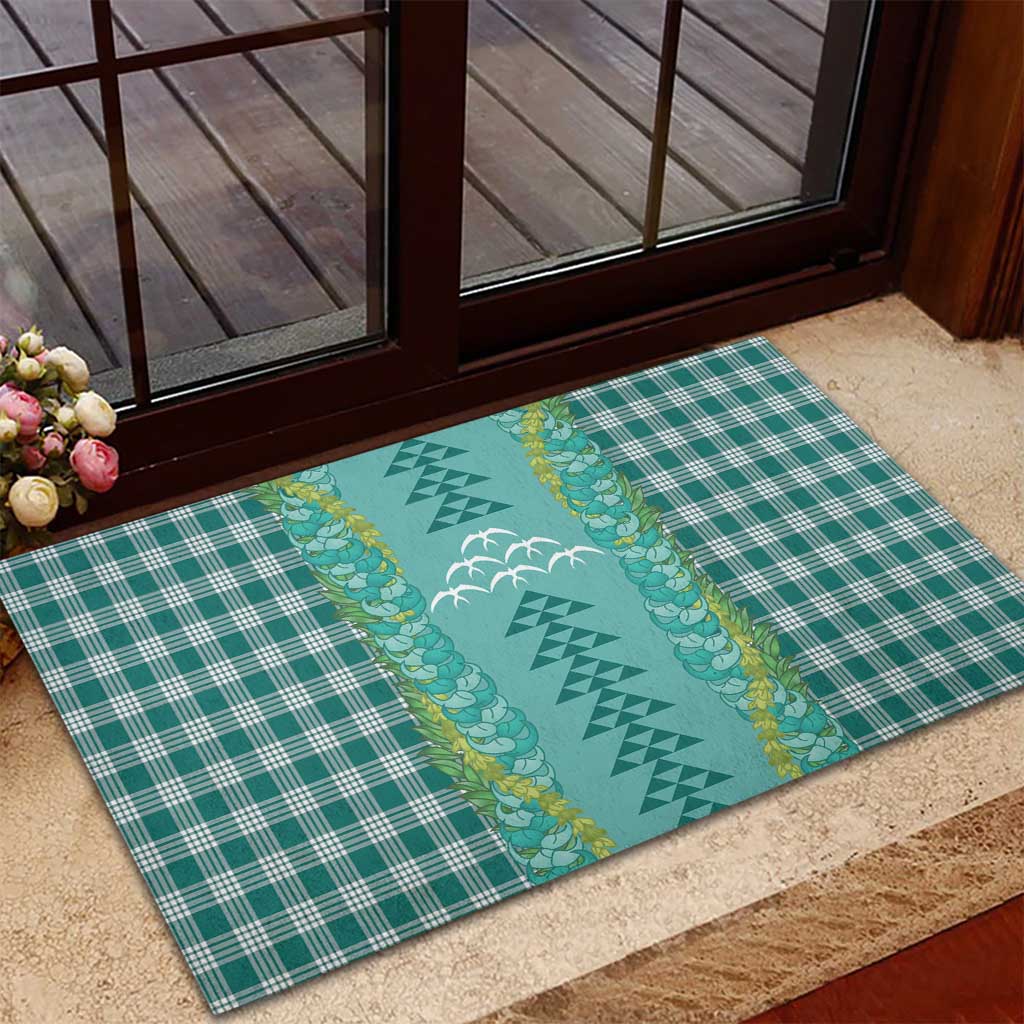 Teal Palaka Hawaii Iwa Bird Rubber Doormat Hawaiian Kakau Jade Vine Lei - Polynesian Pride