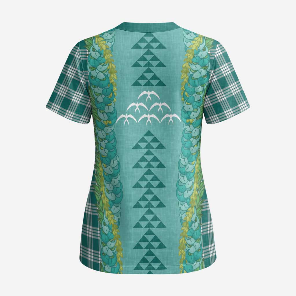 Teal Palaka Hawaii Iwa Bird Scrub Top Hawaiian Kakau Jade Vine Lei - Polynesian Pride