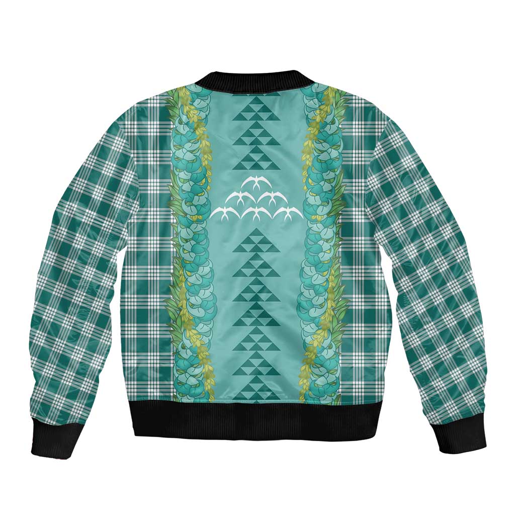 Teal Palaka Hawaii Iwa Bird Sleeve Zip Bomber Jacket Hawaiian Kakau Jade Vine Lei - Polynesian Pride