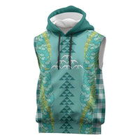 Teal Palaka Hawaii Iwa Bird Sleeveless Hoodie Hawaiian Kakau Jade Vine Lei - Polynesian Pride