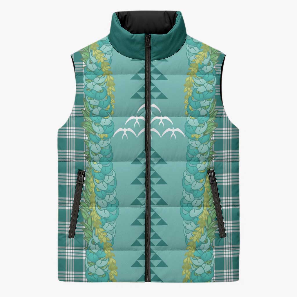 Teal Palaka Hawaii Iwa Bird Sleeveless Puffer Jacket Hawaiian Kakau Jade Vine Lei - Polynesian Pride