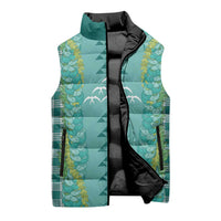 Teal Palaka Hawaii Iwa Bird Sleeveless Puffer Jacket Hawaiian Kakau Jade Vine Lei - Polynesian Pride