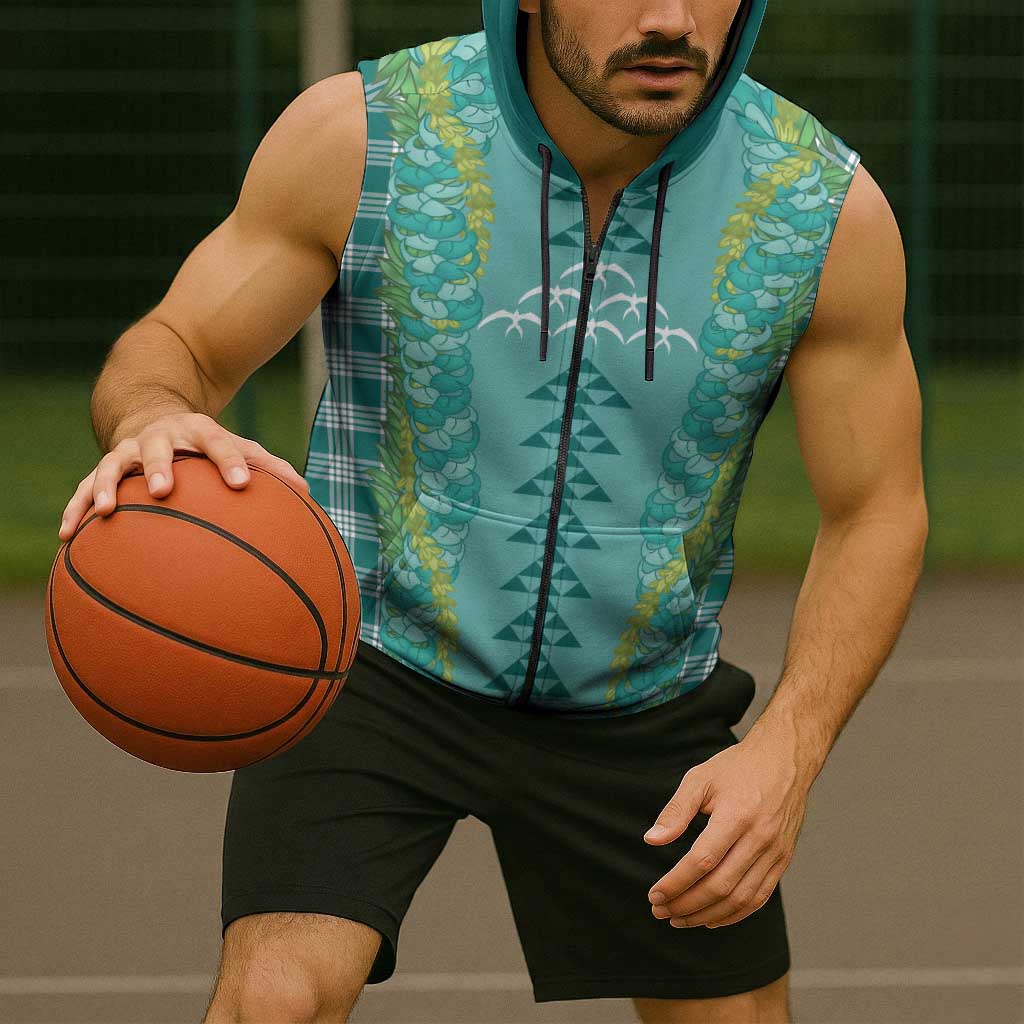 Teal Palaka Hawaii Iwa Bird Sleeveless Zip Hoodie Hawaiian Kakau Jade Vine Lei - Polynesian Pride