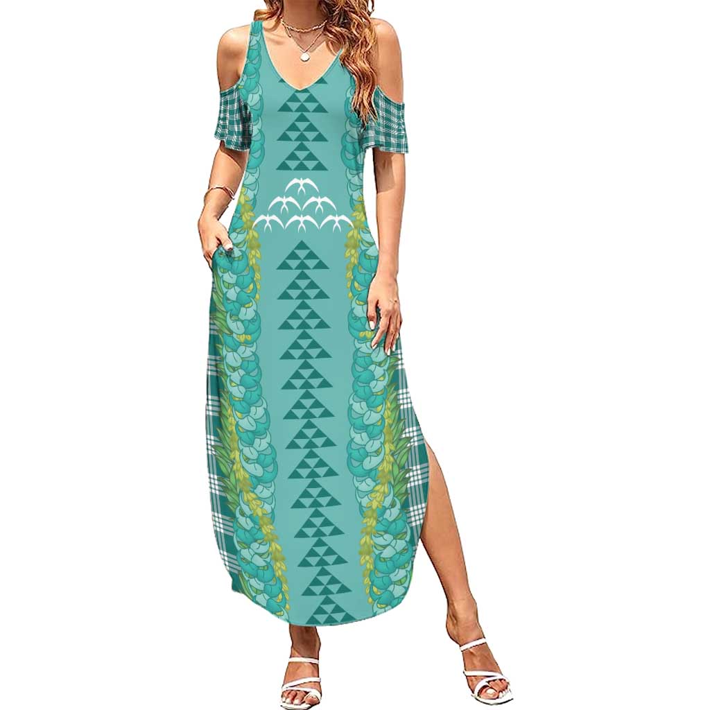 Teal Palaka Hawaii Iwa Bird Summer Maxi Dress Hawaiian Kakau Jade Vine Lei - Polynesian Pride