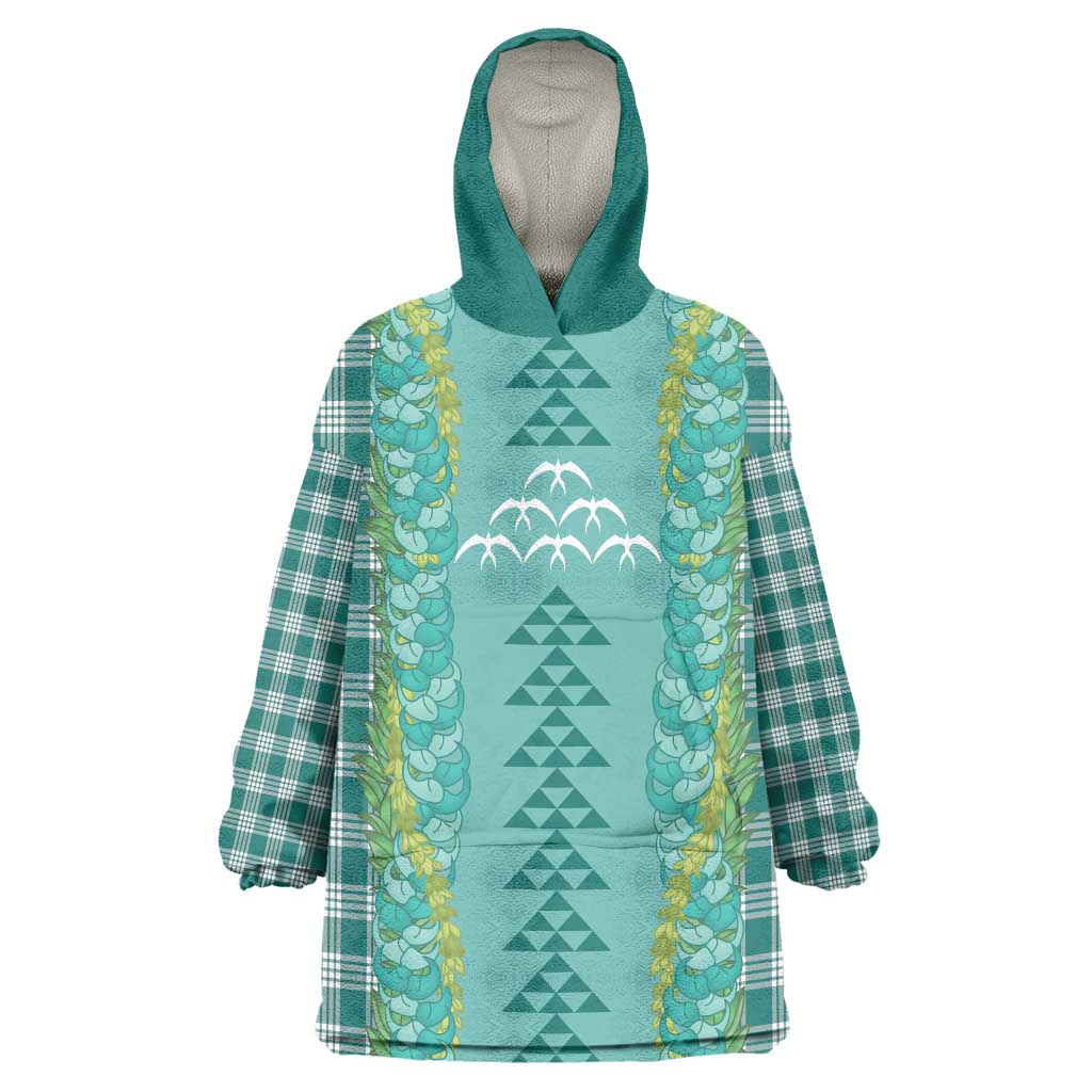 Teal Palaka Hawaii Iwa Bird Wearable Blanket Hoodie Hawaiian Kakau Jade Vine Lei - Polynesian Pride