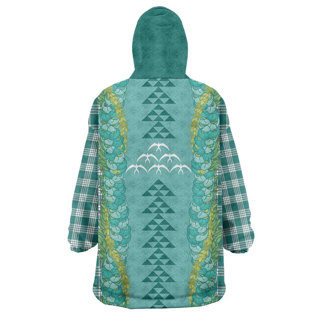 Teal Palaka Hawaii Iwa Bird Wearable Blanket Hoodie Hawaiian Kakau Jade Vine Lei - Polynesian Pride