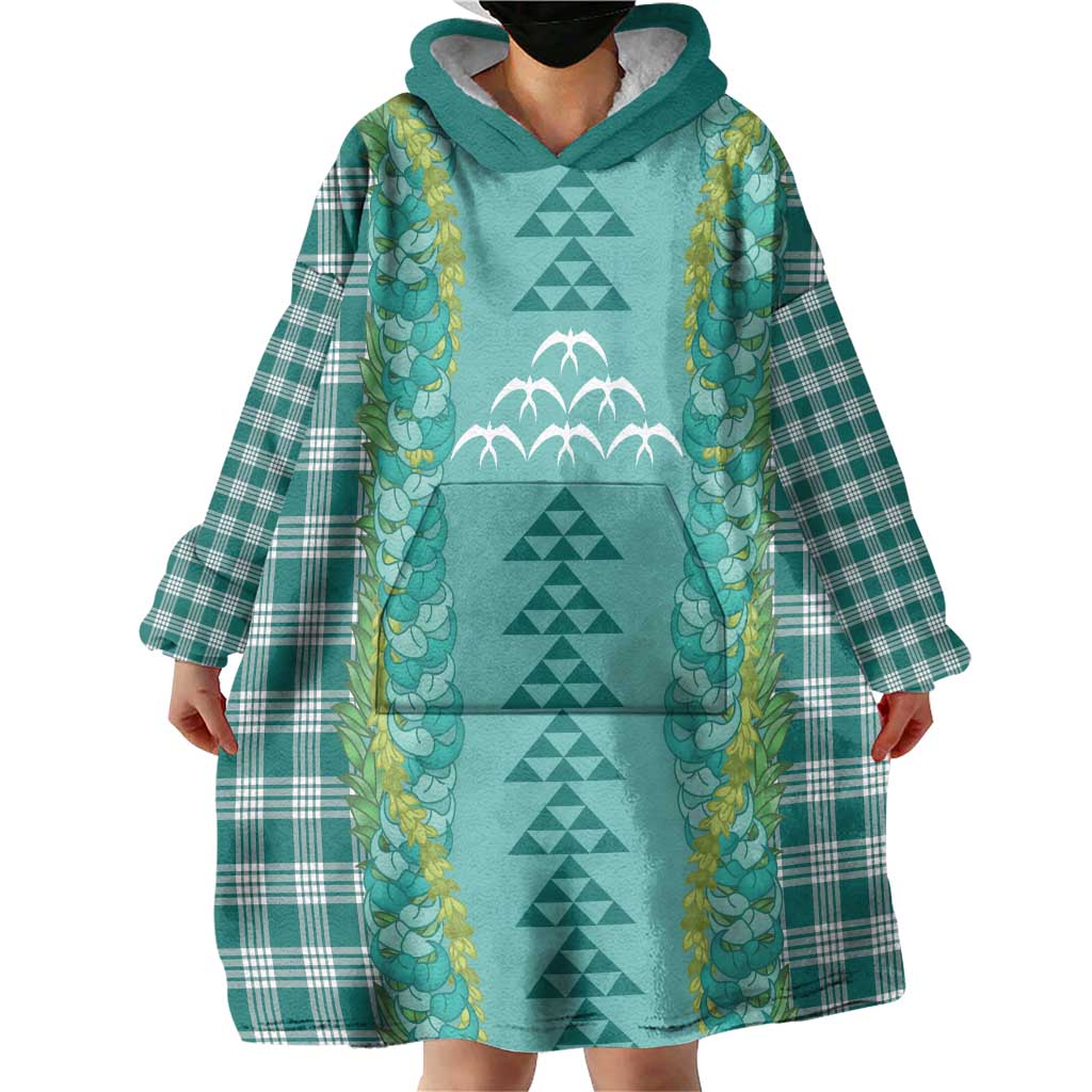 Teal Palaka Hawaii Iwa Bird Wearable Blanket Hoodie Hawaiian Kakau Jade Vine Lei - Polynesian Pride