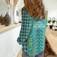 Teal Palaka Hawaii Iwa Bird Women Casual Shirt Hawaiian Kakau Jade Vine Lei - Polynesian Pride