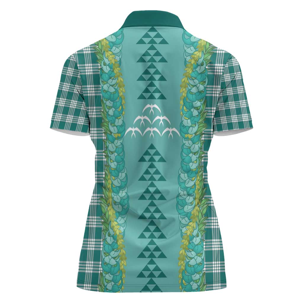 Teal Palaka Hawaii Iwa Bird Women Polo Shirt Hawaiian Kakau Jade Vine Lei - Polynesian Pride