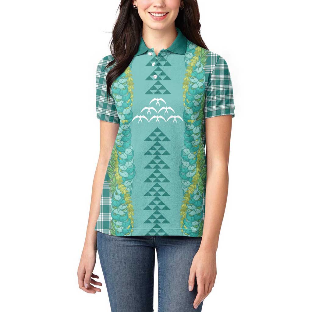 Teal Palaka Hawaii Iwa Bird Women Polo Shirt Hawaiian Kakau Jade Vine Lei - Polynesian Pride