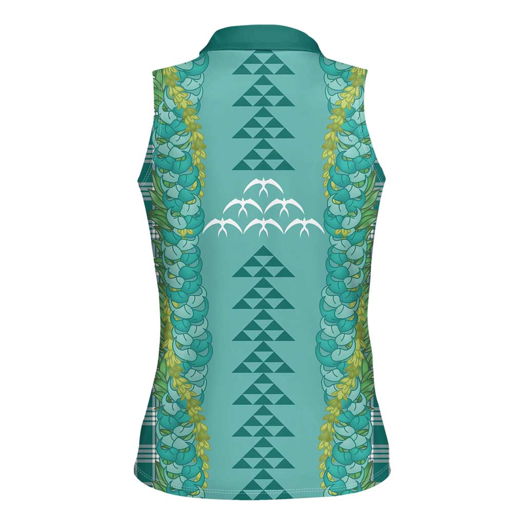 Teal Palaka Hawaii Iwa Bird Women Sleeveless Polo Shirt Hawaiian Kakau Jade Vine Lei - Polynesian Pride