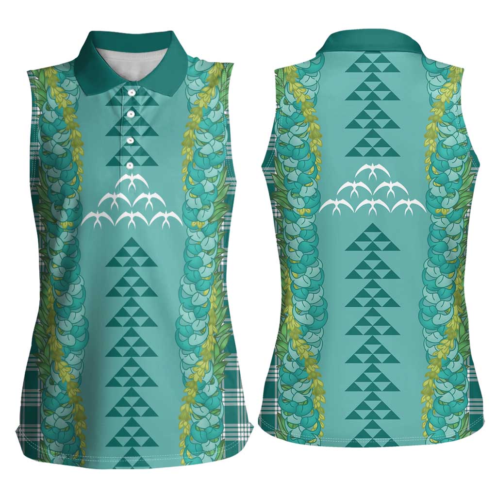 Teal Palaka Hawaii Iwa Bird Women Sleeveless Polo Shirt Hawaiian Kakau Jade Vine Lei - Polynesian Pride