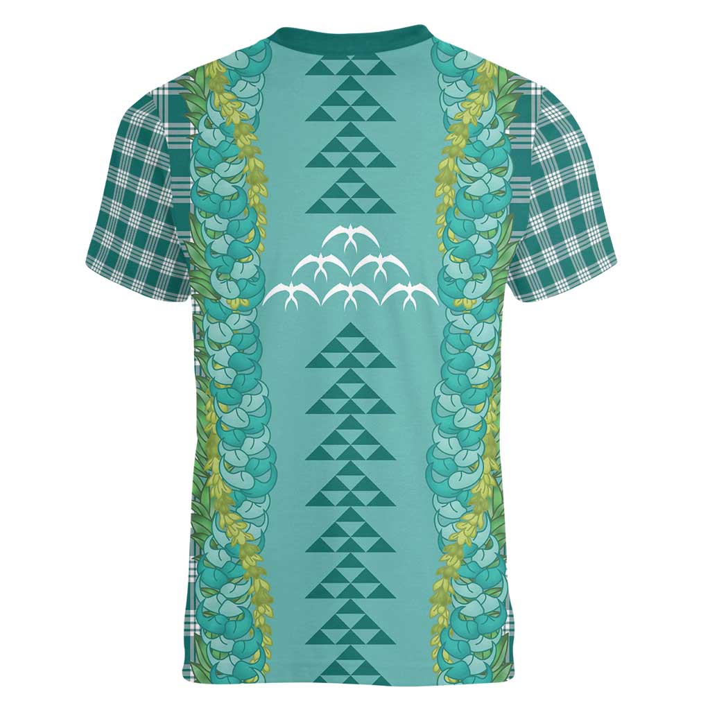 Teal Palaka Hawaii Iwa Bird Women V-Neck T-Shirt Hawaiian Kakau Jade Vine Lei - Polynesian Pride