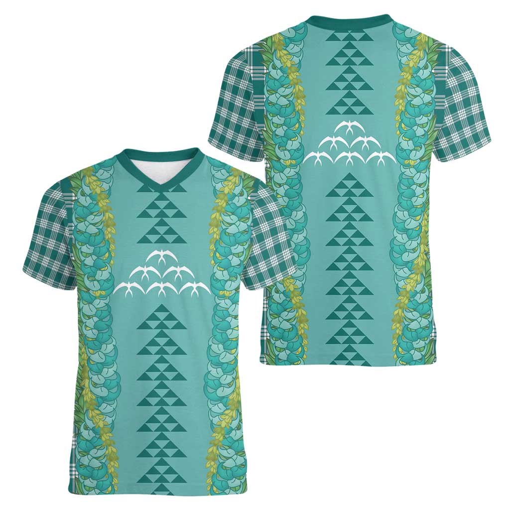 Teal Palaka Hawaii Iwa Bird Women V-Neck T-Shirt Hawaiian Kakau Jade Vine Lei - Polynesian Pride