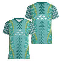 Teal Palaka Hawaii Iwa Bird Women V-Neck T-Shirt Hawaiian Kakau Jade Vine Lei - Polynesian Pride