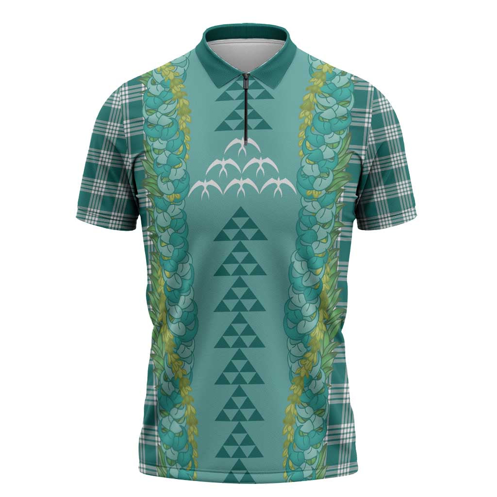 Teal Palaka Hawaii Iwa Bird Zipper Polo Shirt Hawaiian Kakau Jade Vine Lei - Polynesian Pride