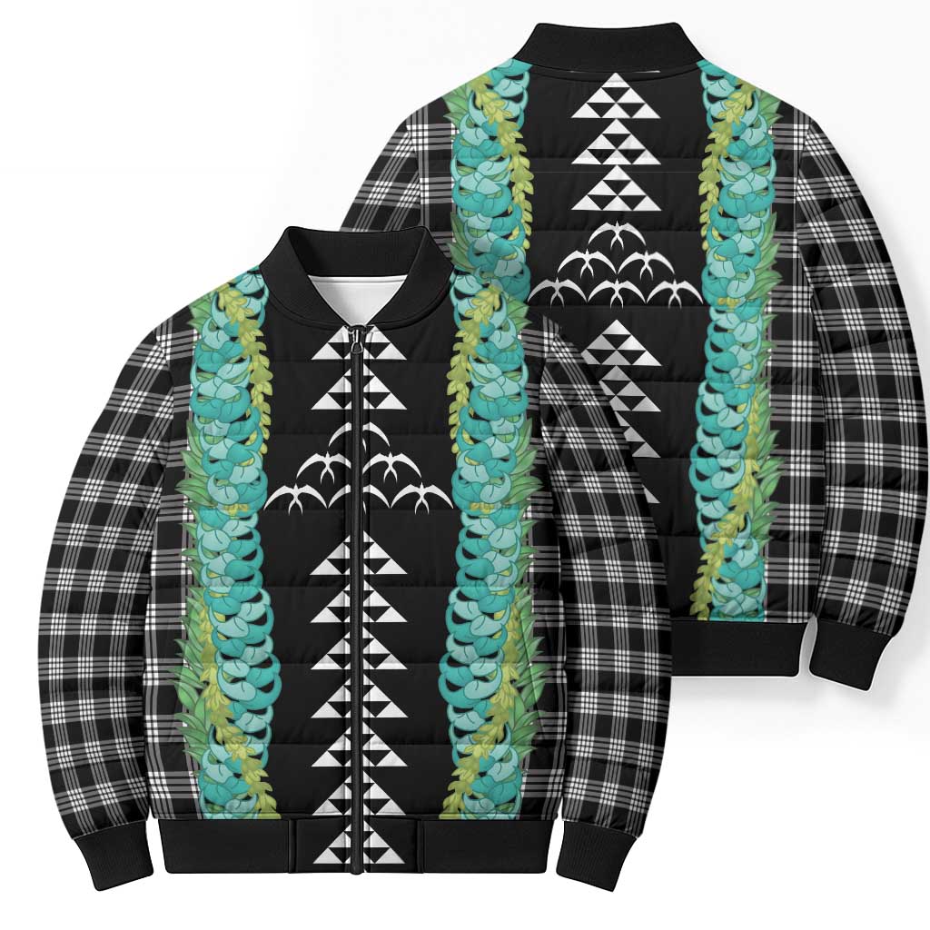 Black Palaka Hawaii Iwa Bird Bomber Puffer Jacket Hawaiian Kakau Jade Vine Lei - Polynesian Pride