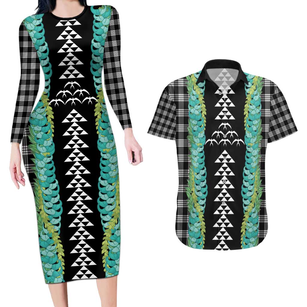 Black Palaka Hawaii Iwa Bird Couples Matching Long Sleeve Bodycon Dress and Hawaiian Shirt Hawaiian Kakau Jade Vine Lei - Polynesian Pride