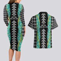 Black Palaka Hawaii Iwa Bird Couples Matching Long Sleeve Bodycon Dress and Hawaiian Shirt Hawaiian Kakau Jade Vine Lei - Polynesian Pride