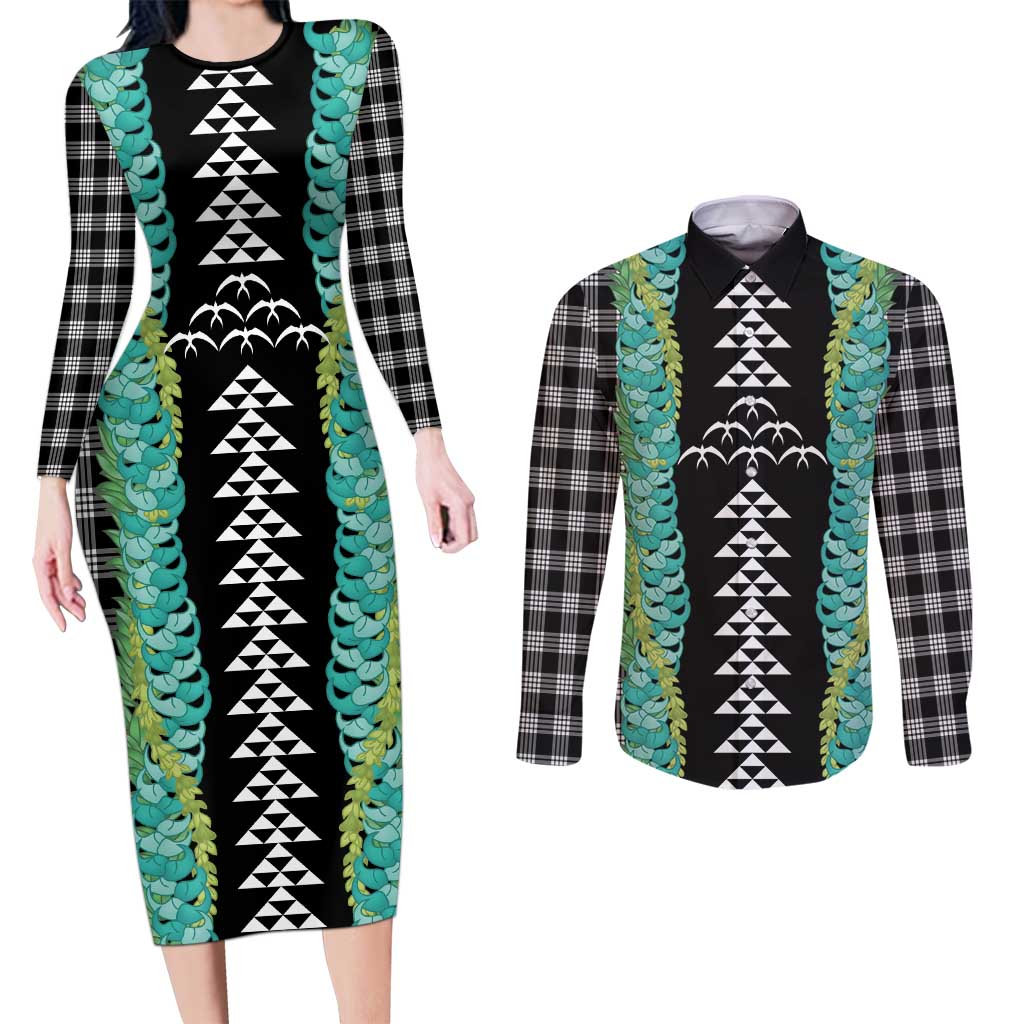 Black Palaka Hawaii Iwa Bird Couples Matching Long Sleeve Bodycon Dress and Long Sleeve Button Shirt Hawaiian Kakau Jade Vine Lei - Polynesian Pride