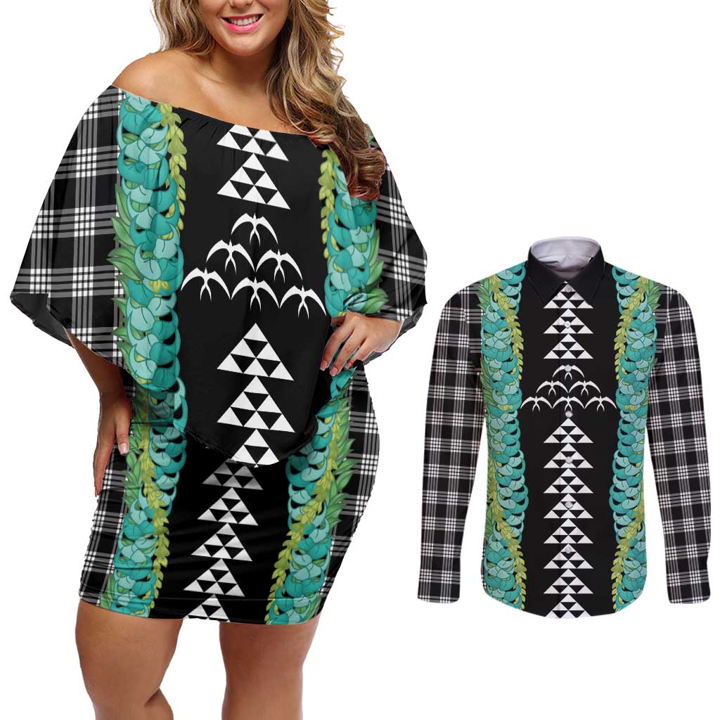 Black Palaka Hawaii Iwa Bird Couples Matching Off Shoulder Short Dress and Long Sleeve Button Shirt Hawaiian Kakau Jade Vine Lei - Polynesian Pride