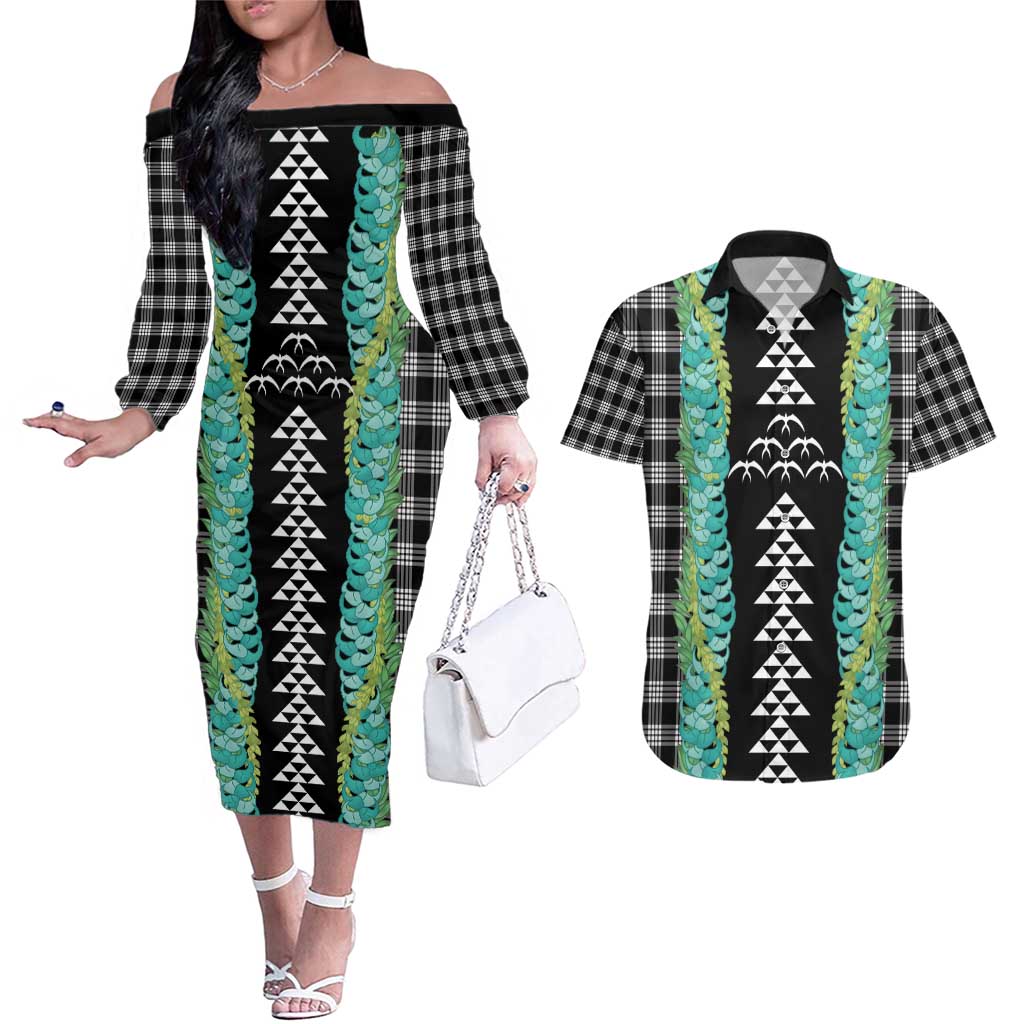 Black Palaka Hawaii Iwa Bird Couples Matching Off The Shoulder Long Sleeve Dress and Hawaiian Shirt Hawaiian Kakau Jade Vine Lei - Polynesian Pride