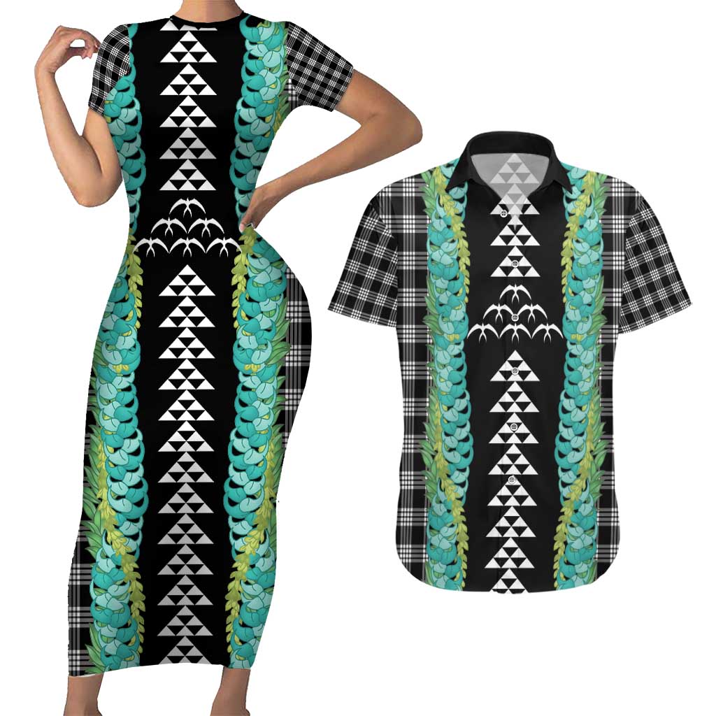 Black Palaka Hawaii Iwa Bird Couples Matching Short Sleeve Bodycon Dress and Hawaiian Shirt Hawaiian Kakau Jade Vine Lei - Polynesian Pride